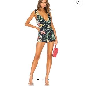 Penelope Palm Front Wrap Romper in Navy